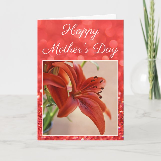 Beautiful Mother's Day Glitter Lily Flower Photo Card (Front)