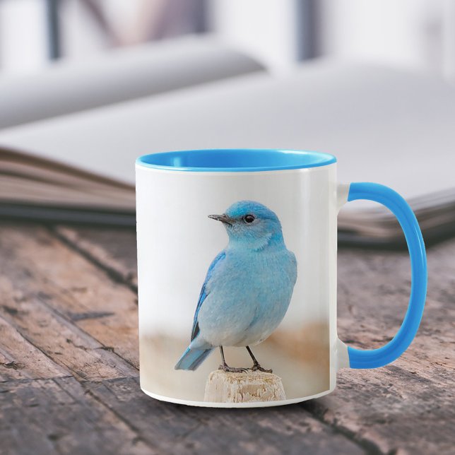 Beautiful Mountain Bluebird on Beach Stump Mug (Mountain Bluebird on Beach Driftwood 11 oz Coffee Mug Cover Photo.)