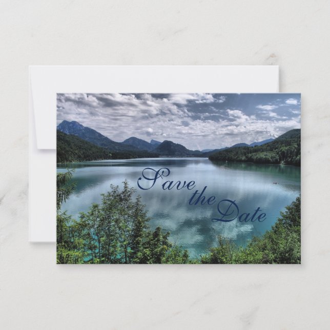 Beautiful Mountain Lake Wedding Save the Date Card (Front)