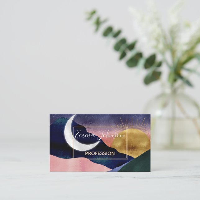 Beautiful Mountain River Moon Sunset Design Business Card (Standing Front)