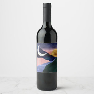 Beautiful Mountain River Moon Sunset Design Wine Label