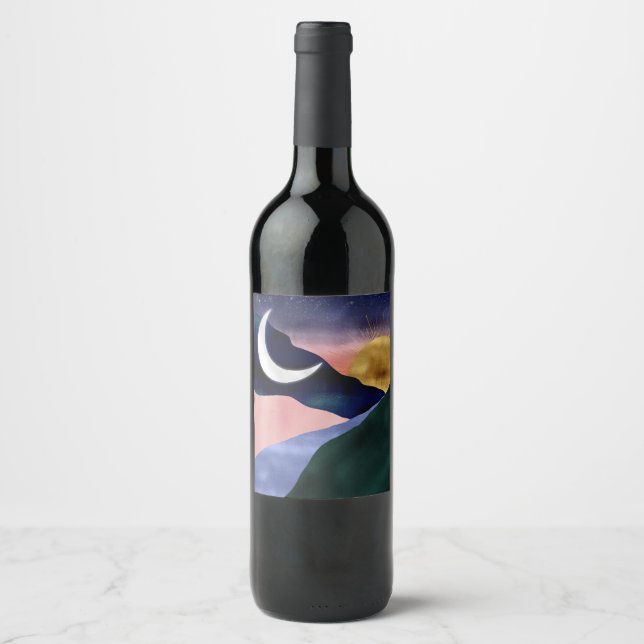 Beautiful Mountain River Moon Sunset Design Wine Label (Front)