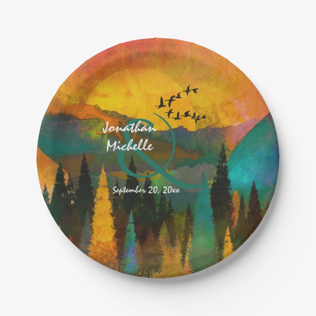 Beautiful Mountain Sunset, Trees and Birds Wedding Paper Plate (Front)