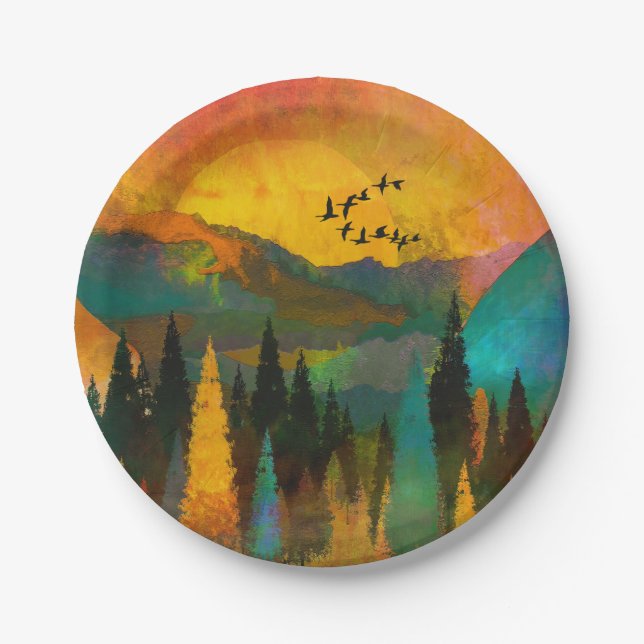 Beautiful Mountain Sunset, Trees and Birds Wedding Paper Plate (Front)