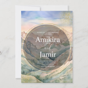 Beautiful Mountain Watercolor Glitter Wedding Invitation
