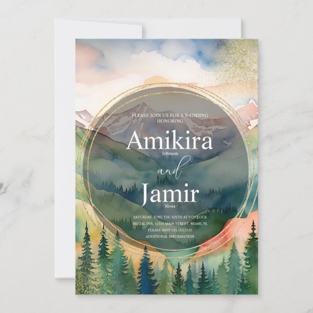 Beautiful Mountains Watercolor Glitter Wedding Invitation (Front)