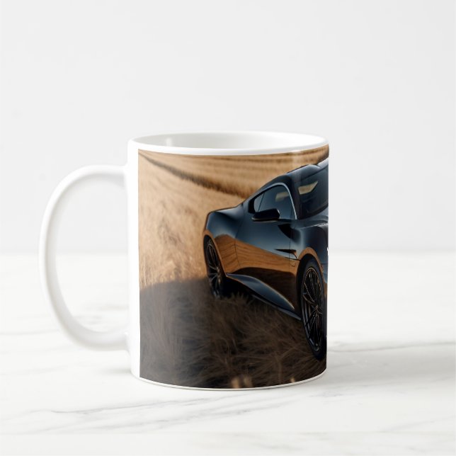 Beautiful mug of luxury black car in dry field (Left)