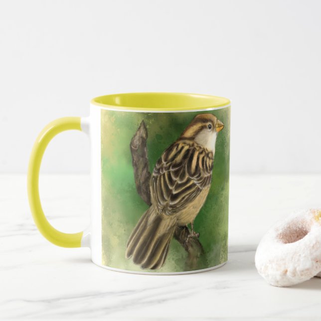 Beautiful Mug with Little Sparrow - Painting (With Donut)