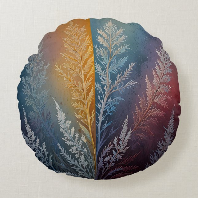 Beautiful multi colored ice crystal feathered  round pillow (Front)