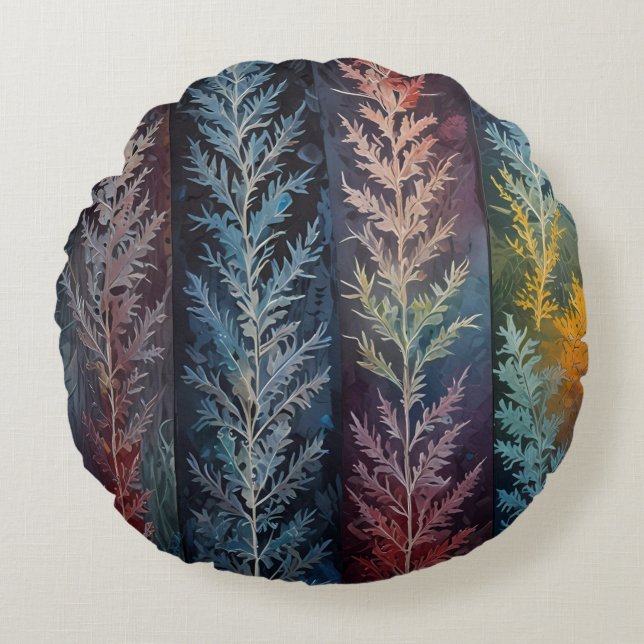 Beautiful multi colored ice crystal feathered  round pillow (Front)
