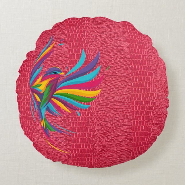 Beautiful Multi Colour Bird With Red Round Pillow (Front)