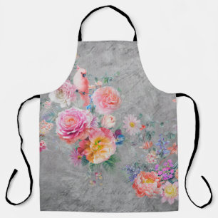 Beautiful multi-coloured flowers and birds on conc apron