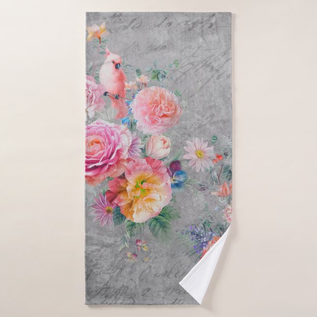 Beautiful multi-coloured flowers and birds on conc bath towel (Bath Towel)