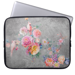 Beautiful multi-coloured flowers and birds on conc laptop sleeve
