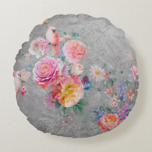 Beautiful multi-coloured flowers and birds on conc round pillow