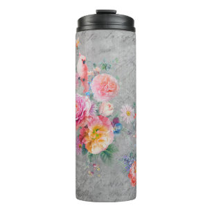 Beautiful multi-coloured flowers and birds on conc thermal tumbler