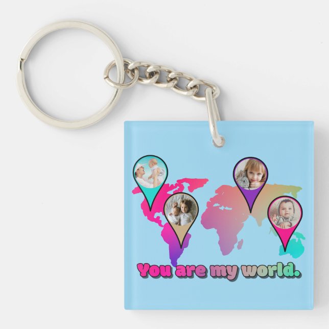 Beautiful Multicolor World Map Photo Collage Keychain (Front)