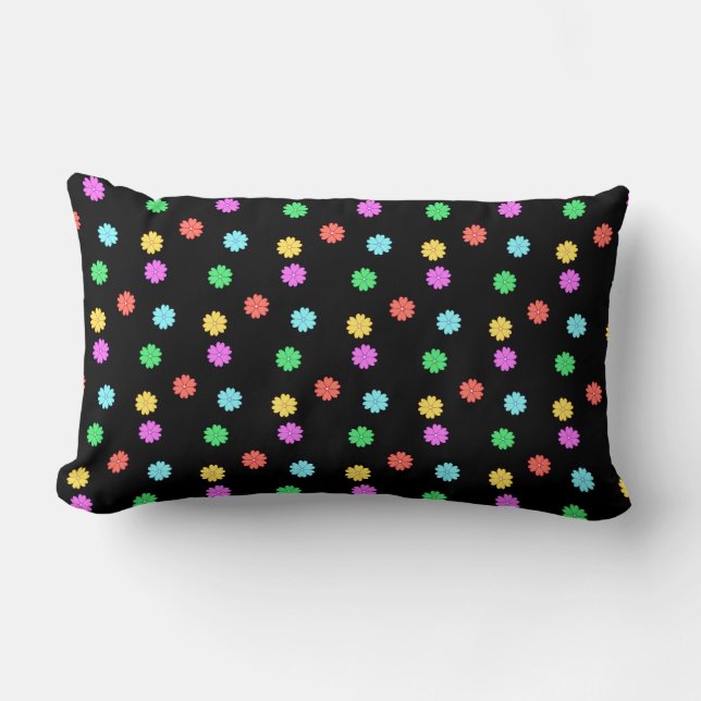Beautiful Multicolored Flowers on Black Lumbar Pillow (Front)