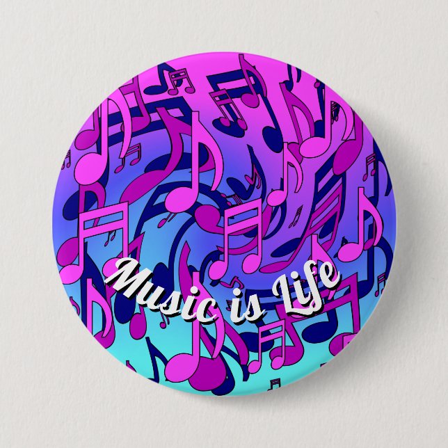 Beautiful Music Lively Notes Pink Purple Blue Aqua 3 Inch Round Button (Front)