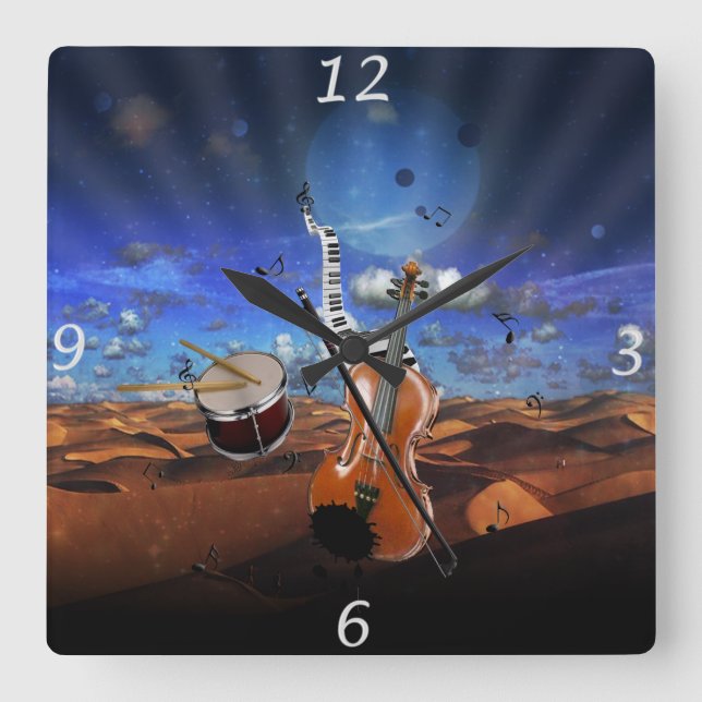 Beautiful music notes violin splatter piano drums square wall clock (Front)