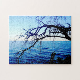 Beautiful Mystic Old Tree Ocean Beach Scene Blue Jigsaw Puzzle
