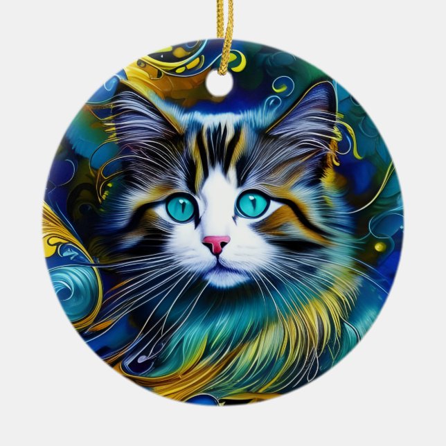 Beautiful Mystical Cat in Blues and Golds Ceramic Ornament (Front)