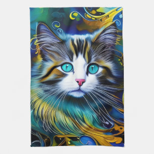 Beautiful Mystical Cat in Blues and Golds Kitchen Towel