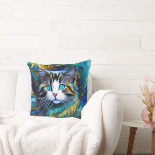 Beautiful Mystical Cat in Blues and Golds Throw Pillow