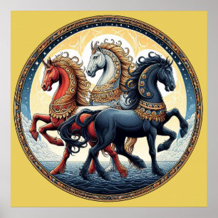 "Beautiful Mystical Red, White, and Blue Horses" 7 Poster
