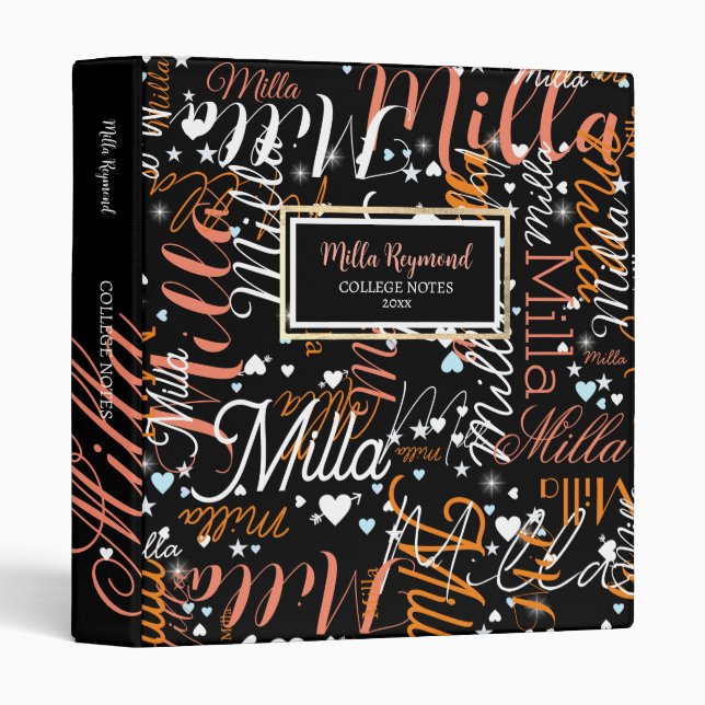 Beautiful Names Hearts College Notes Black Binder (Front/Spine)