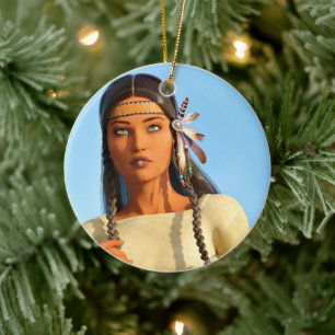 Beautiful Native American Woman Indigenous Outfit Ceramic Ornament