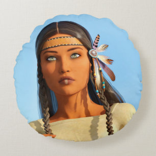 Beautiful Native American Woman Indigenous Outfit Round Pillow