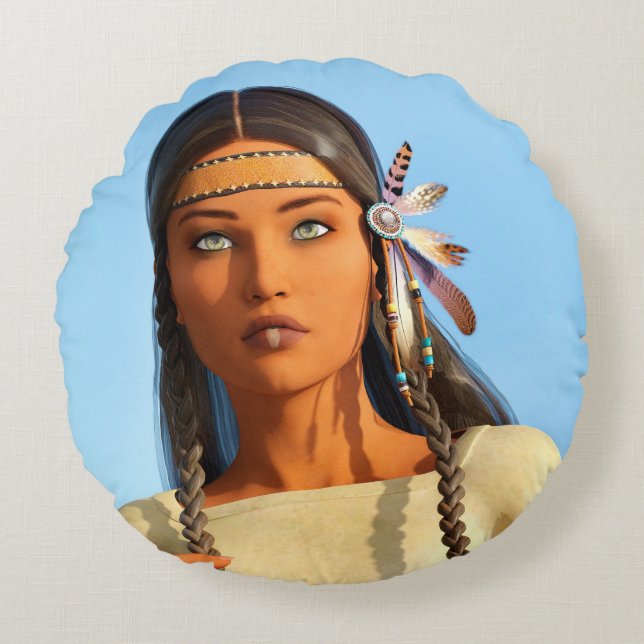 Beautiful Native American Woman Indigenous Outfit Round Pillow (Front)