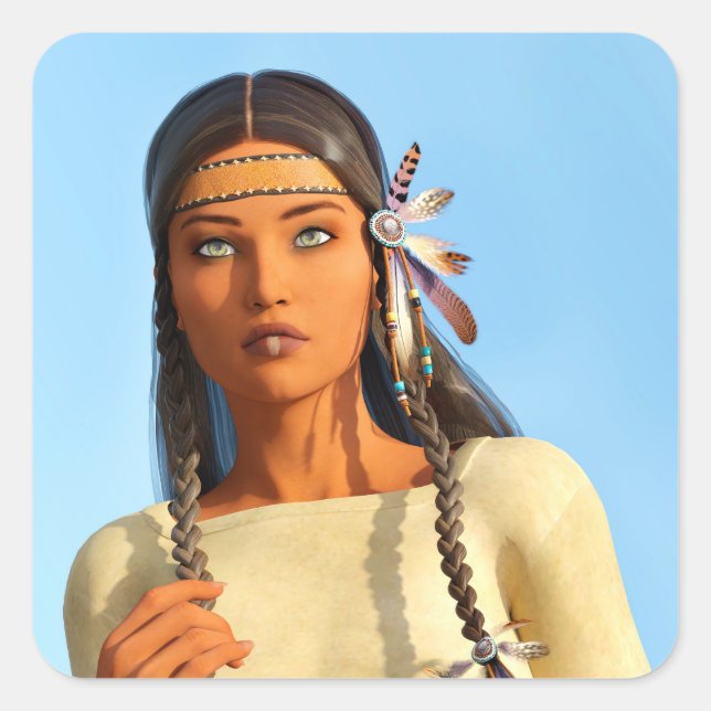 Beautiful Native American Woman Indigenous Outfit Square Sticker (Front)