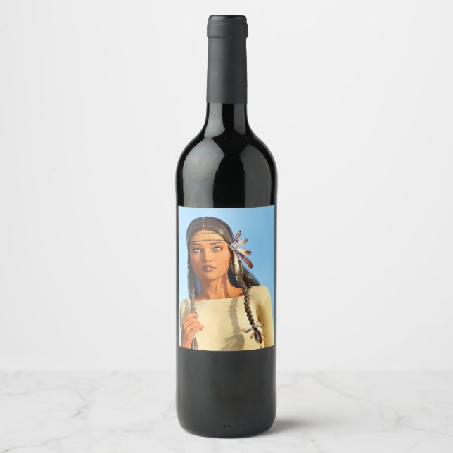 Beautiful Native American Woman Indigenous Outfit Wine Label (Front)