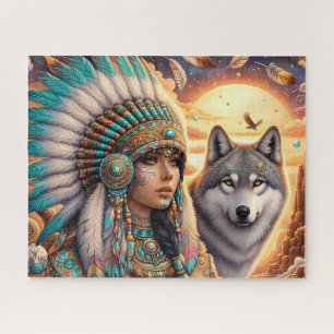 Beautiful Native American Woman With Wolf Jigsaw Puzzle