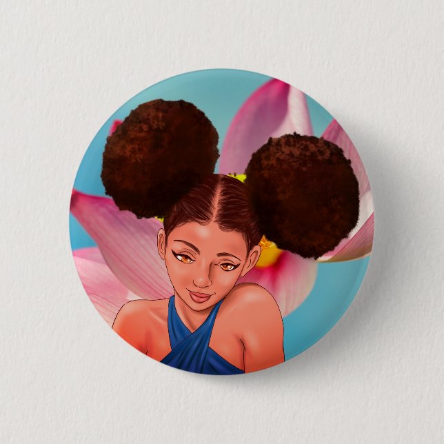 BEAUTIFUL NATURAL AFRO PUFF BLACK GIRL 2 INCH ROUND BUTTON (Front)