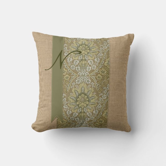 Beautiful Natural Burlap Green Damask Ribbon Dots Throw Pillow (Front)