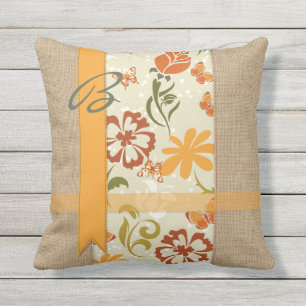 Beautiful Natural Burlap Orange Flower Butterflies Outdoor Pillow