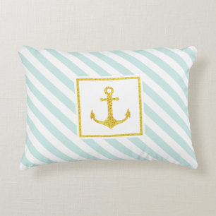 Beautiful Nautical Stripes Faux Glitter Anchor Decorative Pillow
