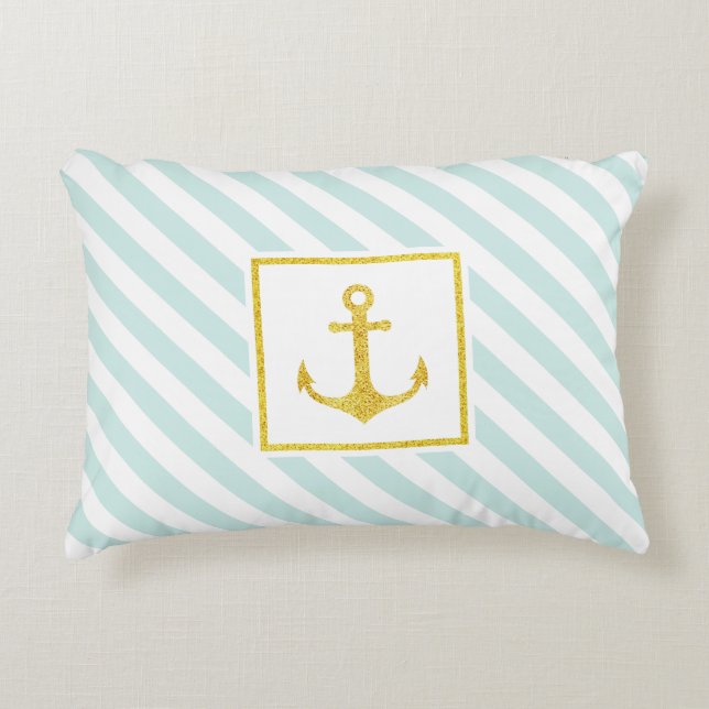 Beautiful Nautical Stripes Faux Glitter Anchor Decorative Pillow (Front)