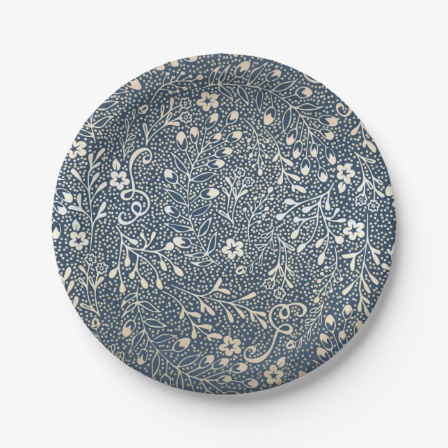 Beautiful Navy and Gold Floral Elegant Wedding Paper Plate (Front)