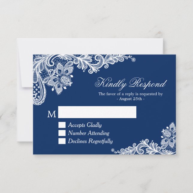Beautiful Navy Blue Lace Wedding RSVP Reply (Front)