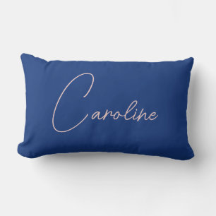 Beautiful Navy Blue Personalized Pink Script Name Lumbar Pillow