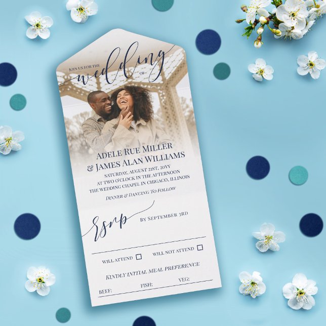 Beautiful Navy Blue Script Photo Wedding All In One Invitation (Creator Uploaded)