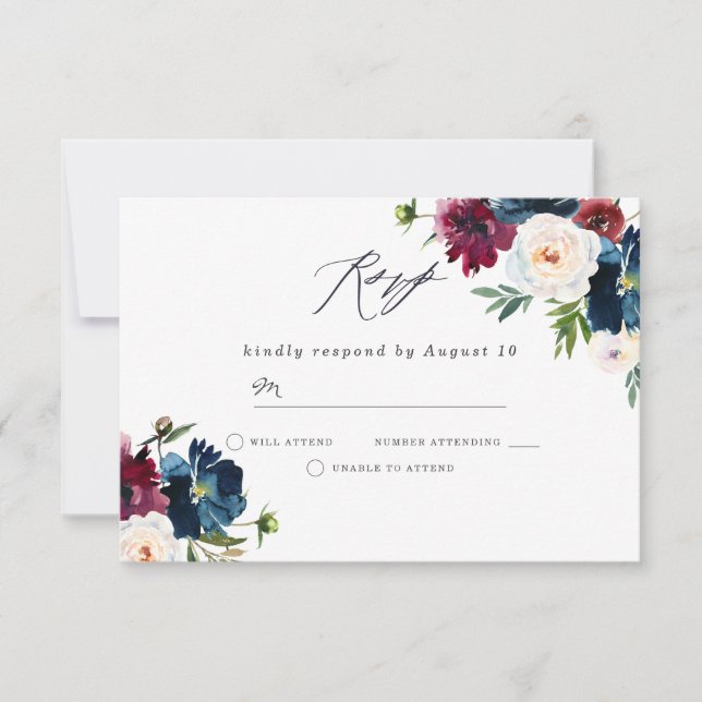 Beautiful Navy Burgundy Red Blush Floral Wedding RSVP Card (Front)