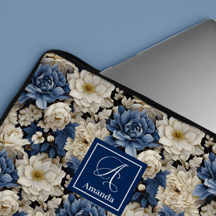 Beautiful Navy Flowers Blue Floral Laptop Sleeve
