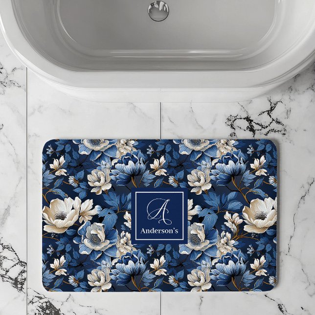 Beautiful Navy Flowers Personalized Floral Bath  Mat (Beautiful Navy Flowers Personalized Floral Bath Mat)