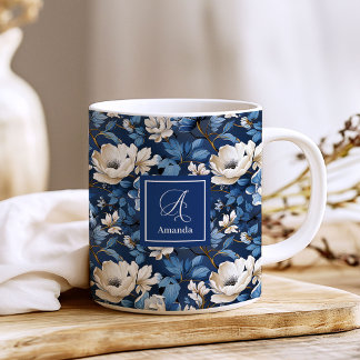 Beautiful Navy Flowers Personalized Floral Coffee  Mug