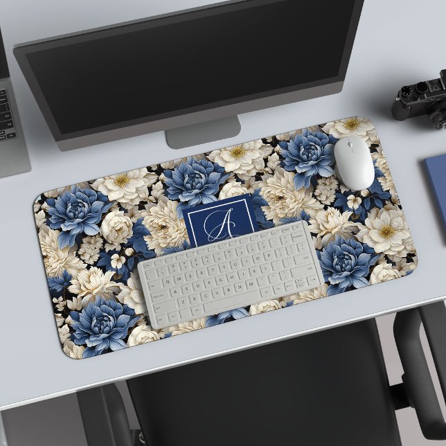 Beautiful Navy Flowers Personalized Floral Desk  Mat (Beautiful Navy Flowers Personalized Floral Desk Mat)